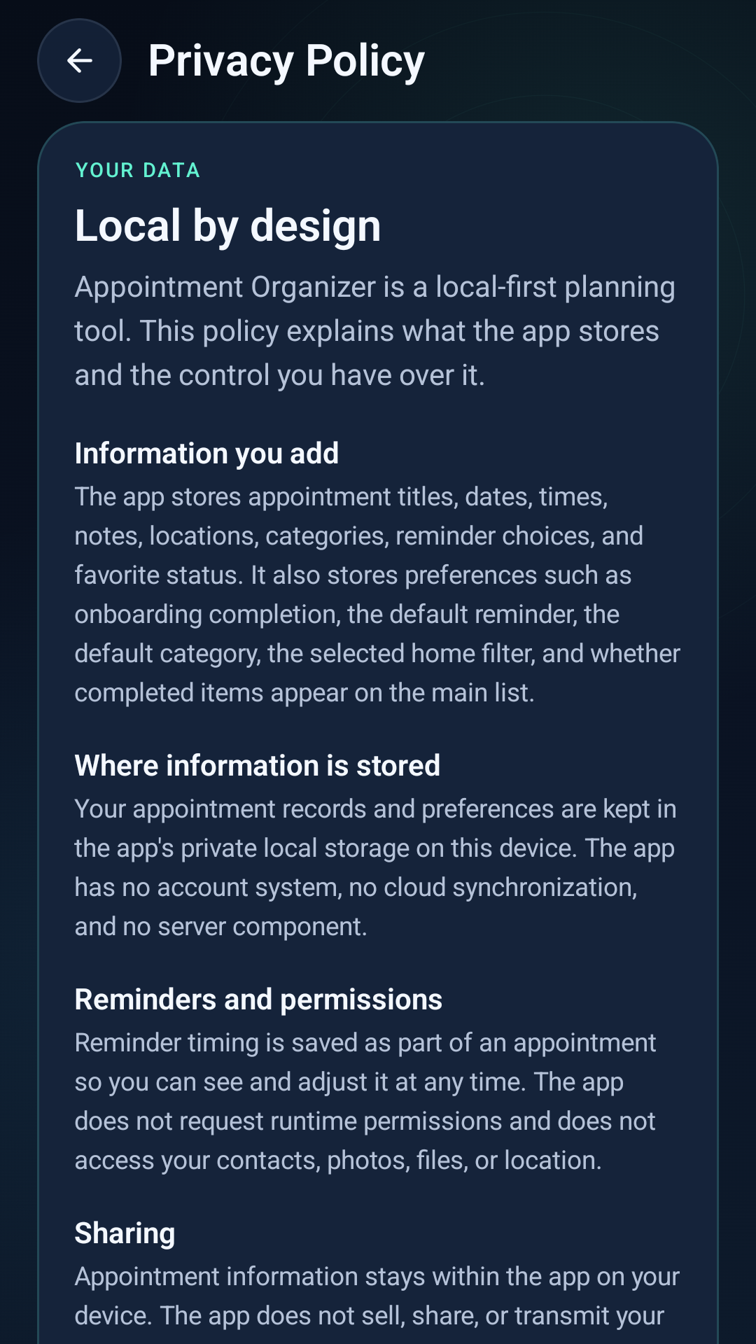 Appointment Organizer settings screen